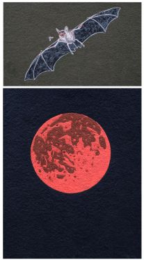 Andreas Schulenburg fanger nattens stilhed i billeder af filt</br>Bat, 2017, 100x120 cm, filt / Bloody Moon, 2017 61x100 cm, filt</br>Foto: PR-foto / Andreas Schulenburg