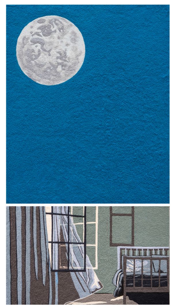 Andreas Schulenburg fanger nattens stilhed i billeder af filt</br>Little Moon, 2017, 100x120 cm, filt / Bad Room, 2017 61x100cm, filt</br>Foto: PR-foto / Andreas Schulenburg