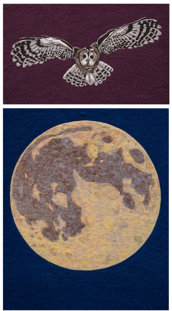 Andreas Schulenburg fanger nattens stilhed i billeder af filt</br>Owl, 2017, 100x120 cm, filt / Yellow Moon, 2017 61x100 cm, filt</br>Foto: PR-foto / Andreas Schulenburg