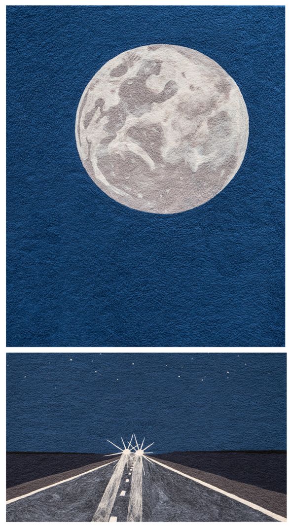 Andreas Schulenburg fanger nattens stilhed i billeder af filt</br>Full Moon, 2017, 100x120 cm, filt / Star Light, 2017, 61x100 cm, filt</br>Foto: PR-foto / Andreas Schulenburg