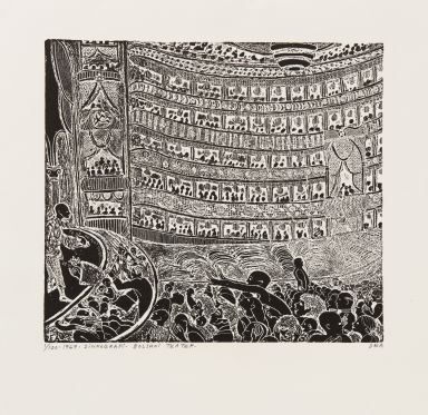 Vinterbørnenes røde mor på  Louisiana</br>Dea Trier Mørch,
<br />Bolshoi Teater, 1967,
<br />Zinkografi, 22,3 x 25 cm,
<br />Privateje</br>Foto: Dea Trier Mørch / VISDA