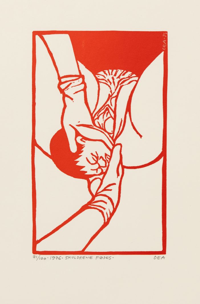 Vinterbørnenes røde mor på  Louisiana</br>Dea Trier Mørch,<br />Skuldrene fødes (fra serien Vinterbørn), 1976,<br />Linoleumstryk, 24,2 x 14,5 cm,<br />Privateje</br>Foto: Dea Trier Mørch / VISDA