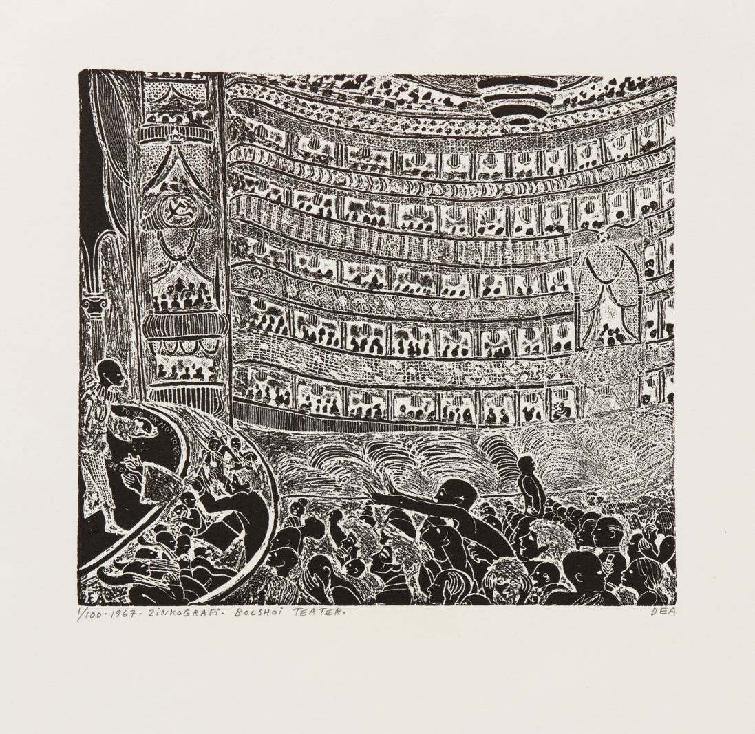 Vinterbørnenes røde mor på  Louisiana</br>Dea Trier Mørch,<br />Bolshoi Teater, 1967,<br />Zinkografi, 22,3 x 25 cm,<br />Privateje</br>Foto: Dea Trier Mørch / VISDA