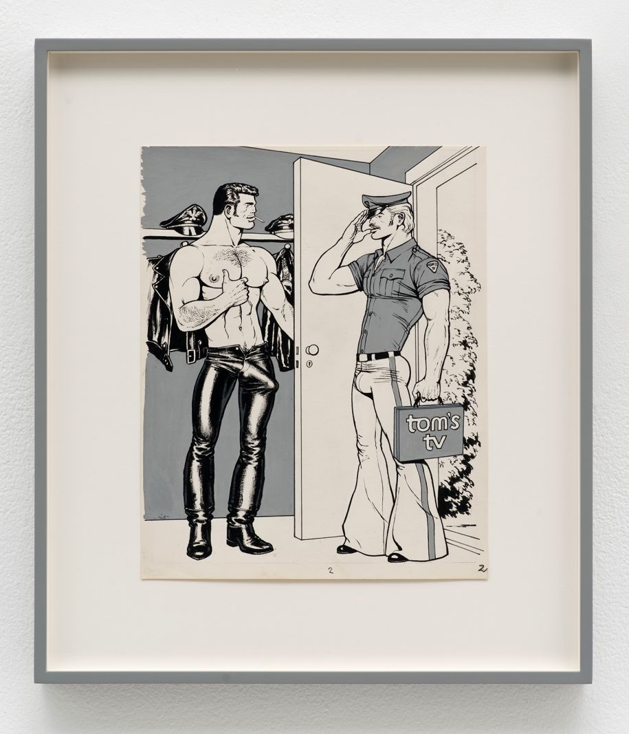 Øm nøgenhed og rå porno i billedkunsten har formet vores frisind</br>Tom of Finland, T.V. - Repair, 1972, pen, ink, gouache and cut-and-pasted photo on paper, 21 parts, courtesy David Kordansky Gallery, Los Angeles</br>Foto: Brian Forrest