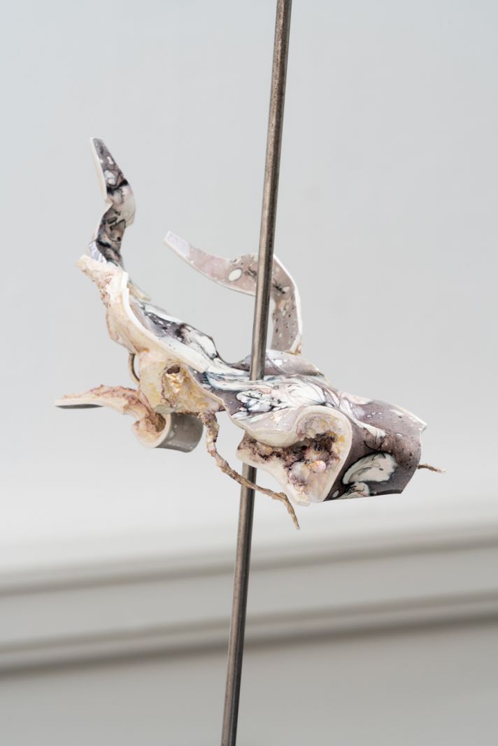 Kosmisk eksistens på Den Frie Udstillingsbygning</br>Ivan Pérard. All out machine-enabled interspecies intergalatic barbecue. Væsenerne sidder fastspiddet på en række spyd. Pérard peger således på menneskets aggressive forhold til det radikalt fremmede. </br>Foto: PR-Foto / Den Frie Udstillingsbygning - David Stjernholm