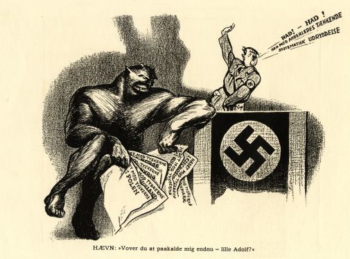 Fra Kirsten Birgit til anti-nazismens bladtegnere</br>Gustav Østerberg, Hævn. Vover du at paakalde mig endnu – lille Adolf, 1940-1945</br>Foto: PR-foto / Storm P. Museet -  illustration af Gustav Oesterberg Haevn