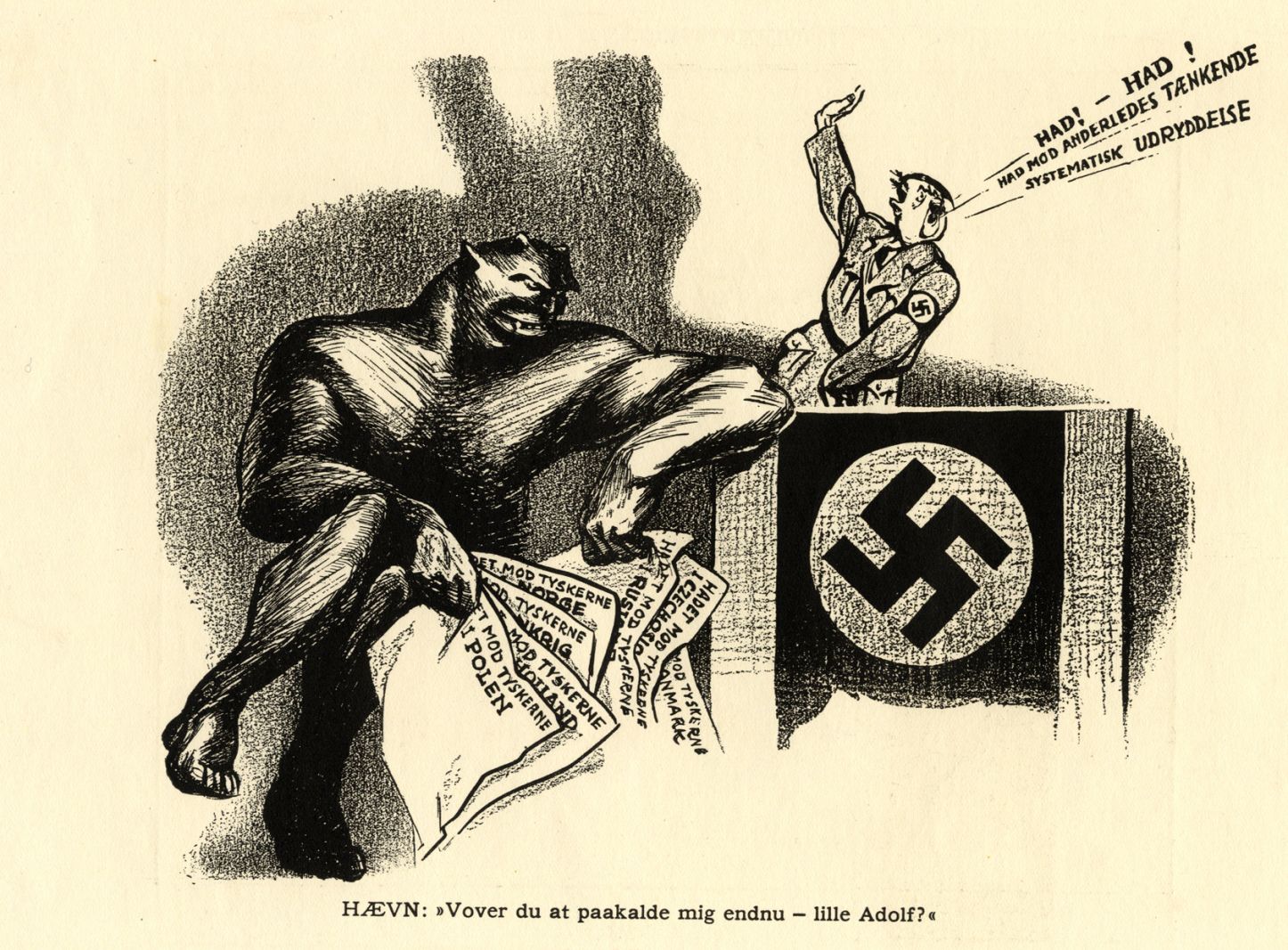 Fra Kirsten Birgit til anti-nazismens bladtegnere</br>Gustav Østerberg, Hævn. Vover du at paakalde mig endnu – lille Adolf, 1940-1945</br>Foto: PR-foto / Storm P. Museet -  illustration af Gustav Oesterberg Haevn