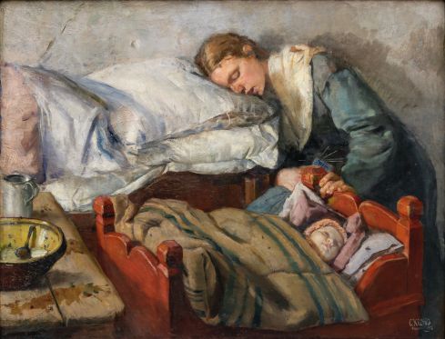 Mødre fra 500 års kunsthistorie får stemmer af vor tids forfattere</br>Billedet sender en hilsen til stalden i Bethlehem, blandt andet ved den udtalte brug af rød, hvid og blå, som i kunsthistorien er Jomfru Marias farver,” forklarer museumsinspektør Maren Bramsen.</br>Foto: Christian Krogh, ‘Sovende mor’, 1883. KODE, Bergen