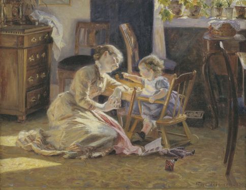 Mødre fra 500 års kunsthistorie får stemmer af vor tids forfattere</br>Det kan da ikke passe, at man hele tiden går og ønsker sig børn, og når de så endelig er der, er man glad, når de sover eller befinder sig et andet sted, og den tanke hver gang skal give én dårlig samvittighed.(fra Charlotte Roche: Fra Skødet, 2011)</br>Foto: ‘Solskin i dagligstuen. Kunstnerens hustru og barn’, 1888. Statens Museum for Kunst