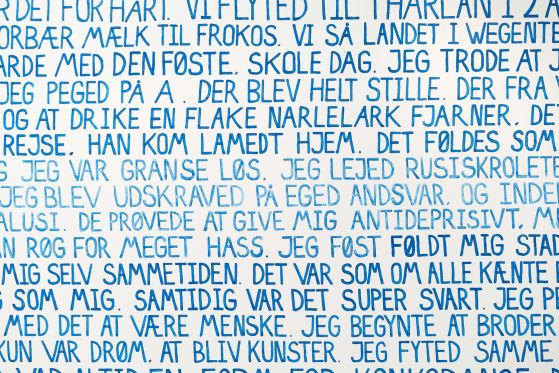 Gudrun Hasle broderer grumme historier om sit liv igen og igen</br>De sidste tre år har Gudrun Hasle boet i Grønland med sin familie. For nyligt har hun udstillet på Nuuk Kunstmuseum, hvor hun skrev sin historie på væggen.</br>Foto: PR-foto - Nuuk Kunstmuseum