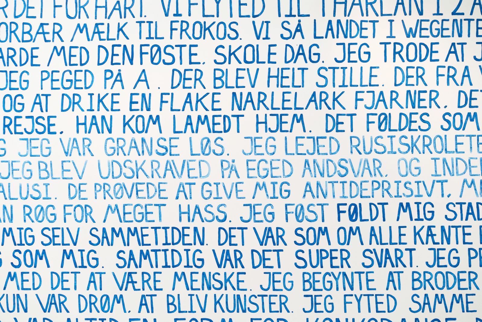 Gudrun Hasle broderer grumme historier om sit liv igen og igen</br>De sidste tre år har Gudrun Hasle boet i Grønland med sin familie. For nyligt har hun udstillet på Nuuk Kunstmuseum, hvor hun skrev sin historie på væggen.</br>Foto: PR-foto - Nuuk Kunstmuseum
