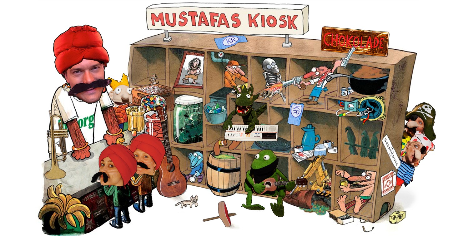 Mustafas kiosk sælger ud</br>Opsætningen af teaterforestillingen ligger med tæt op ad det visuelle univers fra bogen.</br>Foto: PR-foto / Teater Fantast 