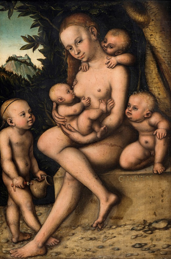 Orlan bruger sin egen krop som medie i en politisk og feministisk kamp</br>Lucas Cranach 1535. Caritas (Næstekærligheden).</br>Foto: Nivaagaards Malerisamling