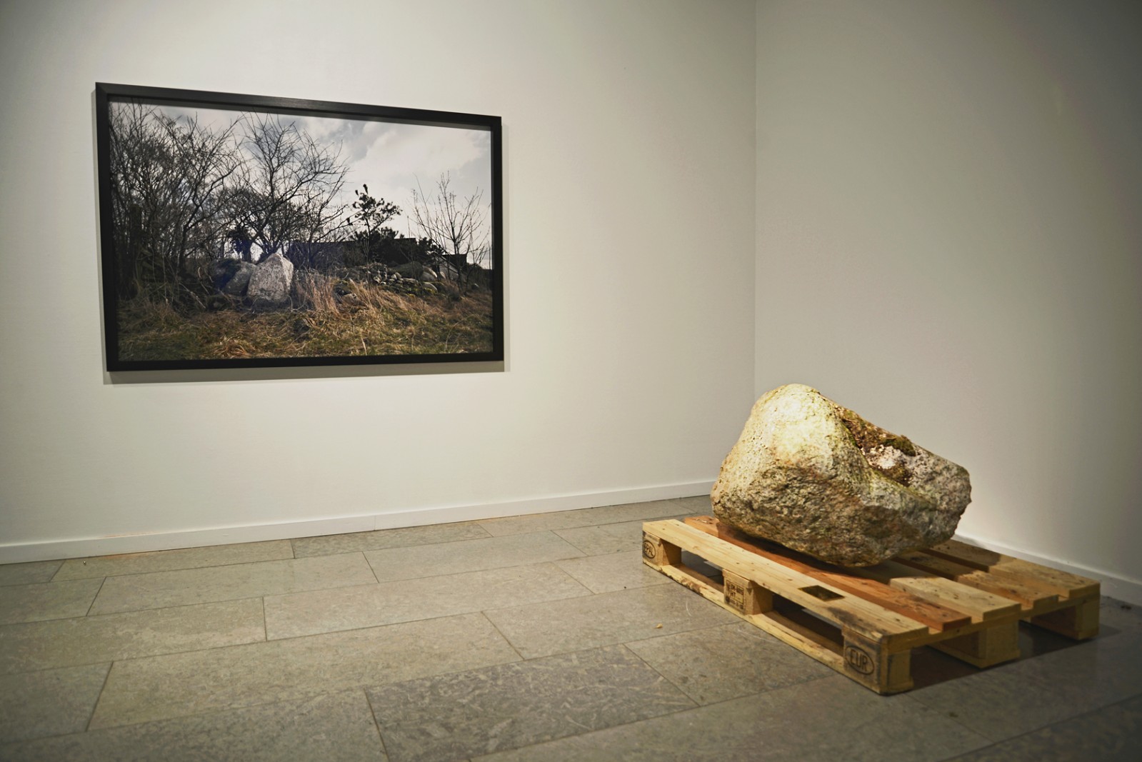 Udstillingsstedet Sydhavn Station fører skinnerne til Kunsthal NORD</br>Heidi Hove: Baghave Monument II, 2013. Digital c-print, kampesten på EUR-palle og messingplade. Print 100 x 150 cm, EUR-palle 120 x 80 x 65 cm</br>Foto: PR-foto - Kunsthal NORD